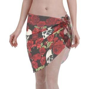 Elegante strandomslagdoek met rozenschedel, bikini cover-up, badkleding jurk, voor vrouwen, perfect voor zwembad en resort, Zwart, one size