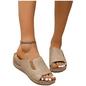 Zomer Vintage Slippers Dames Orthopedische Sandalen Peep Toe Sleehak Slippers, Lichtgewicht Plateauslippers Vrijetijdsstrandschoenen PU Lederen Pantoffels (Color : Beige, Size : 39 EU)
