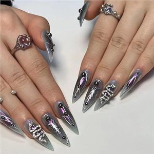 Horror Manga Tomie Press Nails Amandelglans Zwart Anime Nails Herbruikbare Halloween Kunstnagels Geschikt for Meisjes(A461,L)