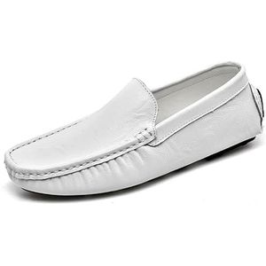 Heren loafers schoen effen kleur ronde neus mocassins rijstijl loafer veganistisch leer antislip lichtgewicht platte hak mode klassieke instapper (Color : White, Size : 44 EU)