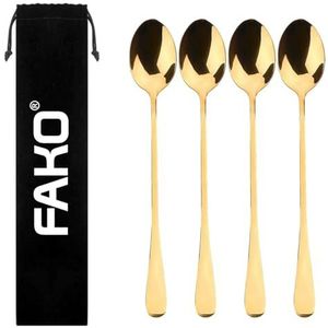 Fako Bijoux® - 4 Lange Lepels - Latte Macchiato - Longdrink - Cocktail - Dessert - IJs - Koffie - Goud - 4 Stuks - Bewaarzakje