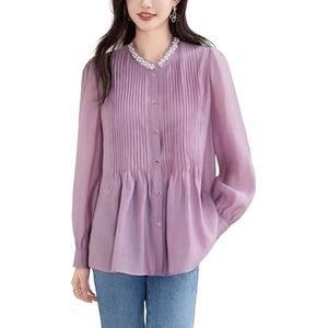 ROUZIHU Gekralen Chiffon Shirt Middellange Losse Blouse Lange Mouwen Dames Losse Shirt(Purple,XL)