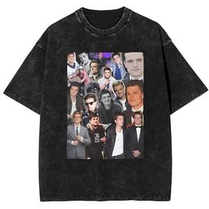 Josh Actor Hutcherson T-shirt gewassen vintage shirt print ronde hals top T-shirt korte mouw T-shirt voor mannen vrouwen 5 maten, Zwart, M