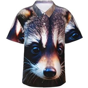 Little Wasbeer gezicht print leuk Hawaïaans shirt voor mannen casual korte mouw button down shirts zomervakanties, Zwart, S