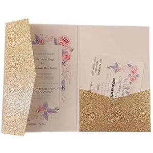 Huwelijksuitnodigingen 50 Rose Laser Cut Tri-fold bruiloft uitnodigingskaarten Kit Pocket uitnodiging envelop voor bruiloft, verloving, jubileum (kleur: roségoud glitter, maat: blanco set)