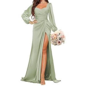 BRIGOW Damesjurk, satijn, bruidsmeisjesjurk, lange mouwen, galajurken, liefje, formele avondfeest, maxi-jurk met split BY029, Stoffige Salie, 32