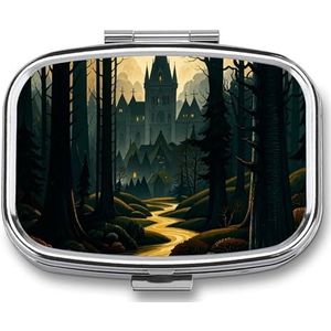Draagbare medicijndoos, een donker en mysterieus gotisch kasteel bedrukt mini rechthoek pillendoosje zak medicijndoos pillencontainer reizen juwelendoos pilhouder draagbare vitamine opbergdoos