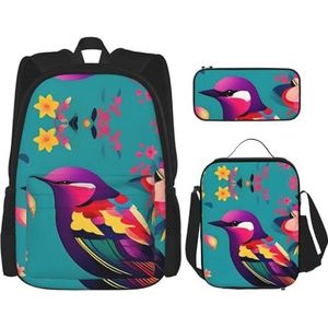 SUHNGE Merry Christmas Sneeuwman Print Lichtgewicht Rugzak Set van 3 Stuks (Etui Schooltas Lunch Bag Combinatie), Kleurrijke Bloemen Vogel, Eén maat