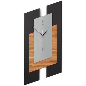 Designer wandklok Tricolor Squares gemaakt van hout in moderne metallic look bruin, zwart, zilver; grootte 26x58cm; met stil uurwerk (stil radiouurwerk)