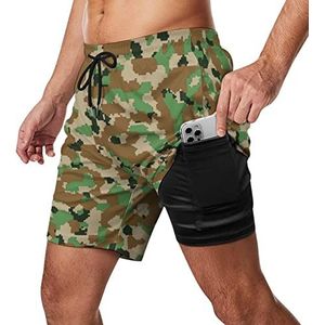 Camouflage Zwembroek voor heren, sneldrogend, 2-in-1 strandsportshorts met compressieliner en zak