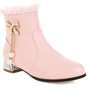 2023 Nieuwe Korte Laarzen Met Strass Strik Dames Zoete Enkellaarsjes Met Parel Kwastje PU Lederen Enkellaarsjes Met Blokhak Meisjes Herfst Winter Laarsjes Feest Enkel Schoenen (Color : Pink, Size :