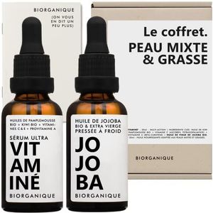 Biorganische DOOS | Gecombineerde en vette huid | 1x BIOLOGISCHE JOJOBA-olie + 1x MULTI-ACTION SERUM met vitamine C, E en provitamine A + BIOLOGISCHE kiwi-olie | Gezicht | 100% natuurlijk | 2x30 ml