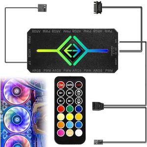 2-in-1 ARGB PWM Fan Hub met controller, 9 x 4-pins PWM-ventilatorconnectoren en 5 V 3-pins ARGB-poorten, RGB Case FanHub met magnetische basis en SATA Power 18 poorten draadloze ARGB-controller met