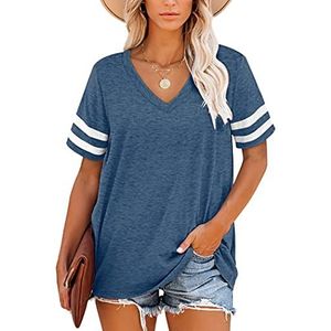 MOLERANI T-shirts voor dames Korte mouw V-hals Gestreept zomertops Casual los T-shirt Donkerblauw XL
