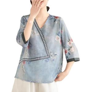 Dames zomer V-hals korte mouwen afdrukken chiffon T-shirt dames losse elegante basic pullover blouses tops, Blauw, M