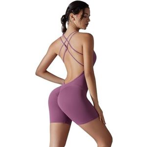 ROEUIPG Korte jumpsuit met blote bandjes voor dames, yoga-outfit, training, fitness, comfortabel, eenvoudig, modieus, heuplift (paars, M)