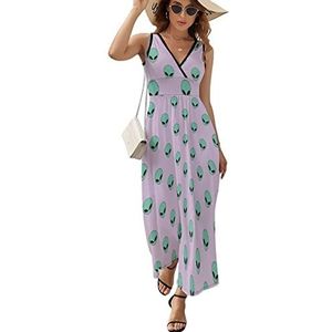 Green Alien Head Maxi lange jurk voor dames, V-hals, mouwloos, tank, zonnejurk, zomer