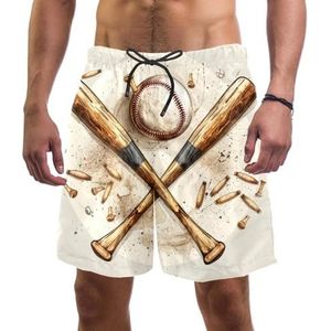 PAFEFO Nieuwigheid boardshorts voor heren, strandvakantie, feest, sneldrogende badpakken met retro honkbalbal en houten vleermuizen ontwerpen, Retro honkbalbal en houten knuppels, L