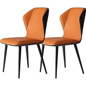 GEIRONV Eetkamerstoelen set van 2, keuken woonkamer lounge toonbank stoelen modern PU-leer hoge rugleuning gewatteerde zachte zitting ergonomie zitting metalen poten Eetstoelen (Color : Orange, Size