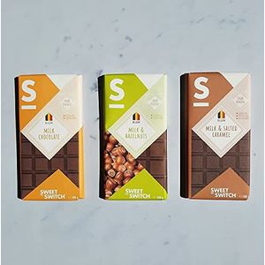 SWEET-SWITCH® - Melkchocolade Mix - Melkchocolade - Gezouten Karamel - Hazelnoten - Suikerarm - Glutenvrij - KETO - Chocolade cadeau - 3 x 100g