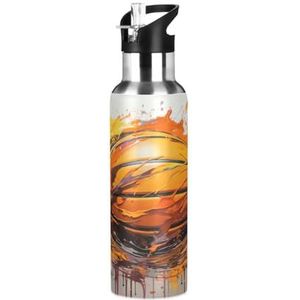 Oranje Basketbal Art Sport Waterfles Geïsoleerde Roestvrijstalen Grote Vacuümfles, Lekbestendige thermoskan met rietje voor reizen (600 ml/1000 ml)