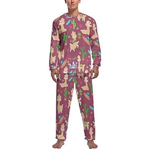 Lama Alpaca Cactus Bloemen Zachte Heren Pyjama Set Comfortabele Lange Mouw Loungewear Top En Broek Geschenken S