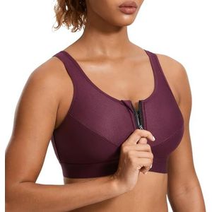 SYROKAN High Impact Wireless Racerback-sportbeha Met Hoge Ondersteuning Voor Dames Met Ritssluiting Aan De Voorkant Donkerrood 75E