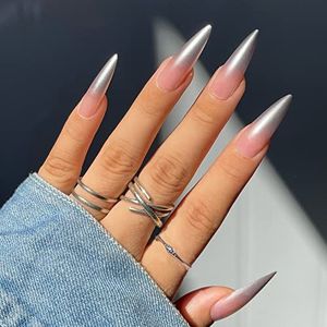 24 stuks bloemen stiletto nepnagels lange, groene Franse patronen, mooie amandel voor vrouwen, acryl extra lange kunstnagels lang voor nail art 20silvery & stiletto2