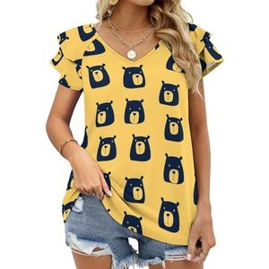 Bear on Yellow Graphic Blouse Top Voor Vrouwen V-hals Tuniek Top Korte Mouw Volant T-shirt Grappig