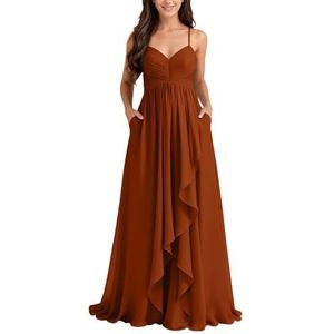 KURFACE Chiffon bruidsmeisjesjurk met split geplooide A-lijn bruidsmeisje formele avondjurk, Verbrand Oranje, 32