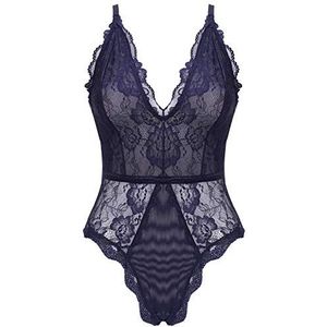 EVELIFE Dames Sexy Teddy Lingerie Een Stuk Kanten Babydoll Diepe v-Hals Bodysuit, Blauw S