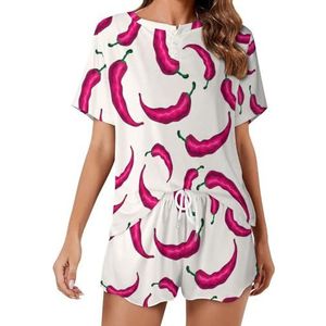 Rode Chili Hot Pepper Zachte Womens Pyjama Korte Mouw Pyjama Loungewear met Zakken Gift voor Thuis Strand 2XL