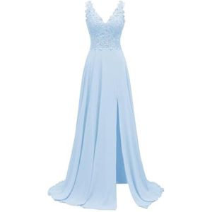 KURFACE Kant Applique Chiffon Moeder van de Bruid Jurken voor Bruiloft Mouwloze Lange Formele Bruidsmeisjes Jurk, Lichtblauw, 44