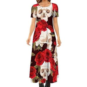 Skulls And Red Roses dames zomer casual korte mouw maxi-jurk ronde hals bedrukte lange jurken 8XL