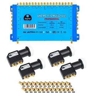 HB-DIGITAL Set: Quattro LNB Black + Multiswitch pmse 17/12 van HB-DIGITAL tot 4X Satelliet en tot 12 x Onafhankelijke Abonnee/Ontvanger voor HDTV 3D 4K UHD met voeding + 45 vergulde F-stekkers