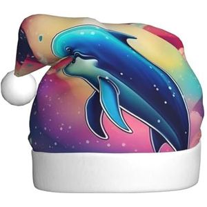 Kleurrijke sterrenhemel oceaan dolfijn pluche kerstmuts voor volwassenen, feestelijke feesthoed, ideaal feestaccessoire voor bijeenkomsten