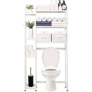 Yorbay Toiletrek met 2 manden, bamboe wc-rek, 3 verdiepingen verstelbaar badkamerrek met waterdichte voetkussens, multifunctioneel badkamerrek, ruimtebesparend, eenvoudige montage (wit)