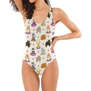 Klassieke Badpakken uit één stuk voor vrouwen en katten die verschillende yogahoudingen doen, beige U-vormige rugbuikcontrole, Katten Doen Verschillende Yoga Poses Beige, S
