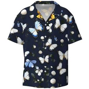 EdWal Witte bloemen met blauwe vlinders print heren korte mouw button down shirts casual losse pasvorm zomer strand shirts heren jurk shirts, Zwart, XL
