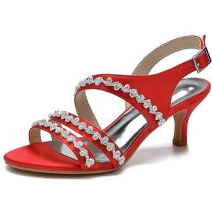 SYDZSW Naald Ivoor Satijn Bruidsschoenen Hoge Hakken Sandaal Hak Bruidsschoenen Bruidsband met Strass 35-43, Rood, 43 EU