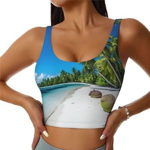 YQTGBCED Gewatteerde tanktops met tropische zonnige strandprint en ingebouwde beha, perfect voor yoga, training en hardlopen, Zwart, S