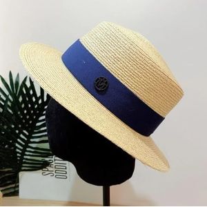 Elegante brede rand schippershoed zomer raffia hoed dames stro zonnehoed platte stro fedoras derby met verwisselbare gekleurde banden(Size:Natural-Blue)
