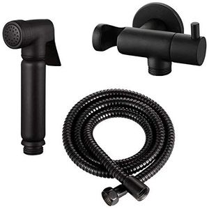 WC/Bidet Handdouche Set Zwart Mat – Compleet Designset van Massief Messing met Geïntegreerde Afsluitkraan, Wandhouder en 120 cm Metalen Slang – Alleen voor Koud Water