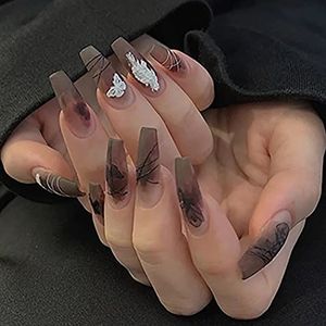 Halloween False Nails Long Fake Nails Black Press on Nails Ballerina Acrylic Stick on Nails 24pcs for Women and Girls