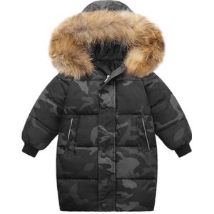 Lengender Jas voor kinderen, jongens, winter, donsjack met capuchon, jas, imitatiebont, parka, gevoerd, pluche, warm, Zwarte Camouflage, 110
