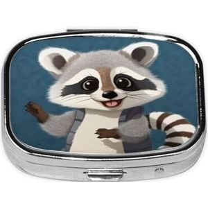 Compacte vierkante pillendoos schattige wasbeer draagbare medicatiepil organizer dispenser met compartimenten | Kleine pillendoos voor op reis voor portemonnee en zak