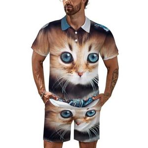 Leuke kat in jeans heren poloshirt set korte mouwen trainingspak set casual strand shirts shorts outfit S