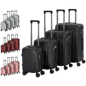 Arebos Reiskoffer, set van 4, harde ABS-schaal, trolley, kofferset, telescopische handgreep, incl. TSA-slot met 360° wielen, S-M-L-XL | zwart, zwart, Harde kofferset met zwenkbare wielen