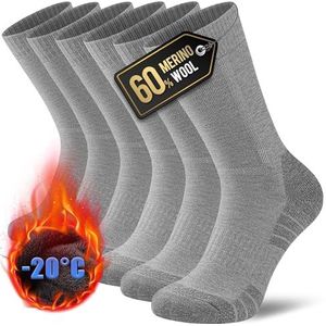 YESWEL Merino Wandelsokken Heren & Dames 3 Paar, 60% Merinowol Thermosokken 43-46, Outdoor Merino Sokken Met Demping Voor Trekking en Sport Lichtgrijs