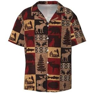 OdDdot Lodge Bear Herten Visprint Heren Button Down Shirt Korte Mouw Casual Shirt voor Mannen Zomer Business Casual Jurk Shirt, Zwart, XL